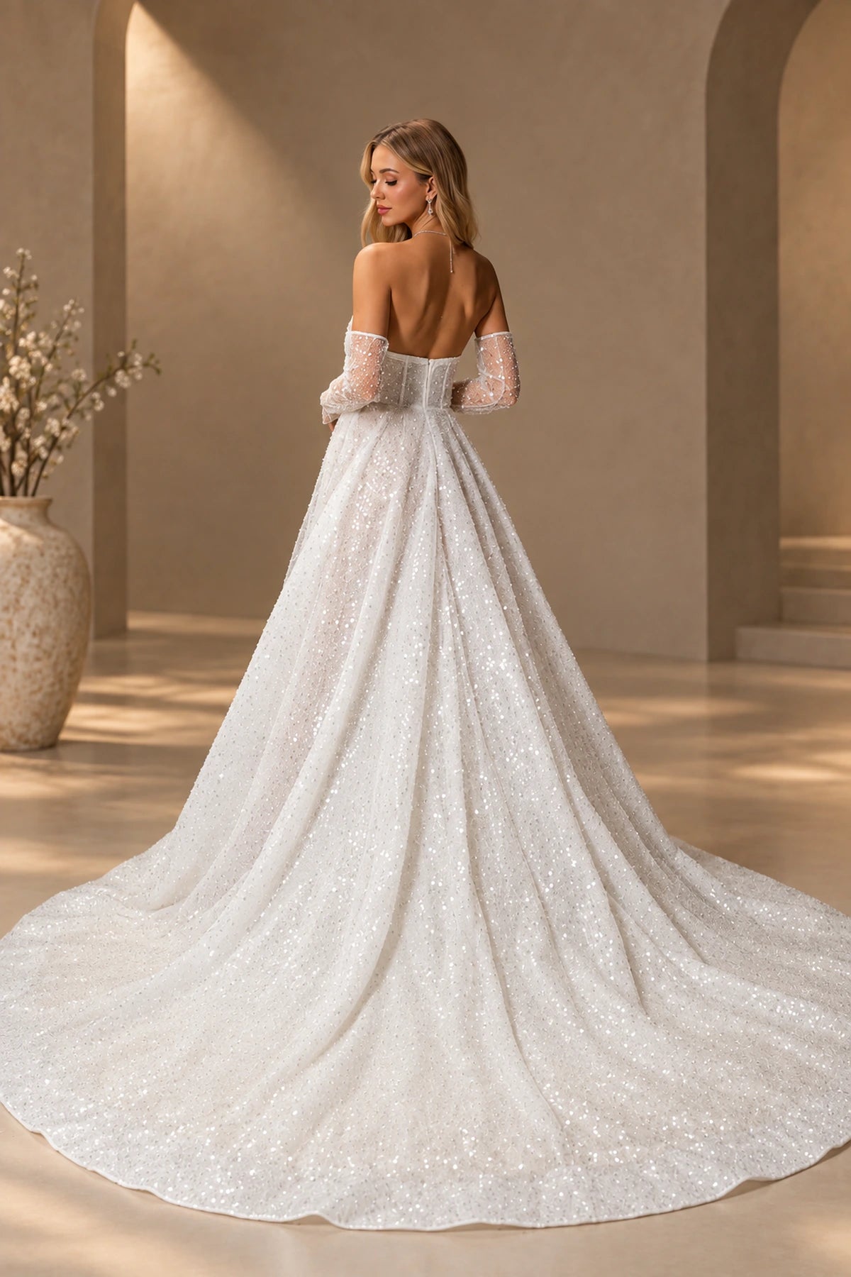 Back view of Vedress sparkling A-line wedding dress with a low structured back and wide sweeping train.